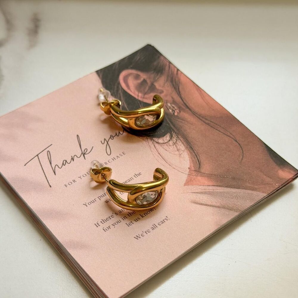 Vintage Style Gold Sculptural Clear Zircon Stud Earrings + Jewelry Pouch